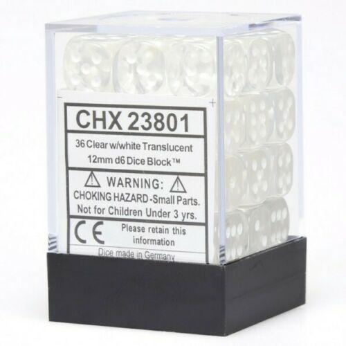 Chessex D6 36 Pack - Clear With White Translucent 12mm Pipped  D6 Dice Block - Comic Warehouse