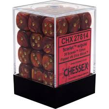 Chessex D6 36 Pack - Scarlet With Gold Scarab 12mm Pipped  D6 Dice Block - Comic Warehouse