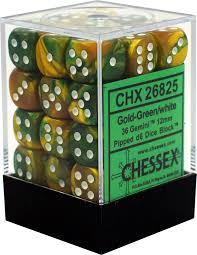 Chessex D6 36 Pack - Gold-Green With White Gemini 12mm Pipped  D6 Dice Block - Comic Warehouse