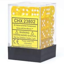 Chessex D6 36 Pack - Yellow With White Translucent 12mm Pipped  D6 Dice Block - Comic Warehouse