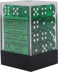 Chessex D6 36 Pack - Green With White Translucent 12mm Pipped  D6 Dice Block - Comic Warehouse