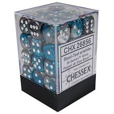 Chessex D6 36 Pack - Steel-Teal With White Gemini 12mm Pipped  D6 Dice Block - Comic Warehouse