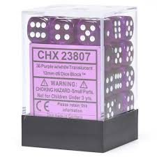 Chessex D6 36 Pack - Purple With White Translucent 12mm Pipped  D6 Dice Block - Comic Warehouse