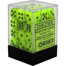 Chessex D6 36 Pack - Bright Green With Black Vortex 12mm Pipped  D6 Dice Block - Comic Warehouse