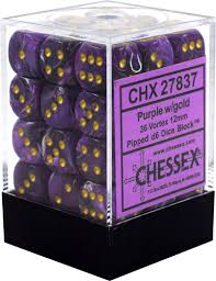 Chessex D6 36 Pack - Purple With Gold Vortex 12mm Pipped D6 Dice Block - Comic Warehouse