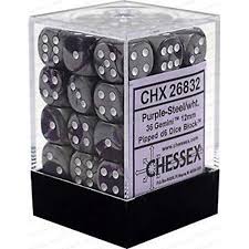 Chessex D6 36 Pack - Purple-Steel With White Gemini 12mm Pipped  D6 Dice Block - Comic Warehouse