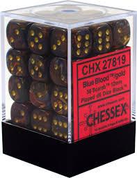 Chessex D6 36 Pack - Blue Blood With Gold Scarab 12mm Pipped  D6 Dice Block - Comic Warehouse