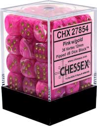 Chessex D6 36 Pack - Pink With Gold Vortex 12mm Pipped D6 Dice Block - Comic Warehouse