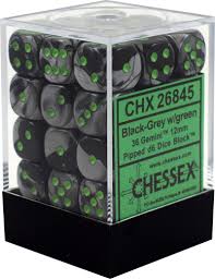 Chessex D6 36 Pack - Black-Grey With Green Gemini 12mm Pipped  D6 Dice Block - Comic Warehouse