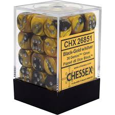 Chessex D6 36 Pack - Black-Gold With Silver Gemini 12mm Pipped  D6 Dice Block - Comic Warehouse