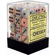 Chessex D6 36 Pack - Circus With Black Festive 12mm Pipped D6 Dice Block - Comic Warehouse