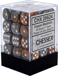 Chessex D6 36 Pack - Copper-Steel With White Gemini 12mm Pipped  D6 Dice Block - Comic Warehouse