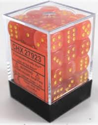 Chessex D6 36 Pack - Orange With Yellow Ghostly Glow 12mm Pipped D6 Dice Block - Comic Warehouse