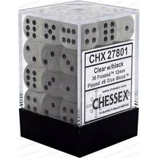 Chessex D6 36 Pack - Clear With Black Frosted 12mm Pipped  D6 Dice Block - Comic Warehouse