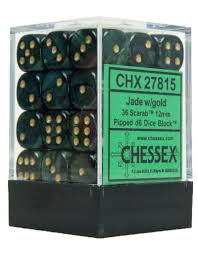 Chessex D6 36 Pack - Jade With Gold Scarab 12mm Pipped  D6 Dice Block