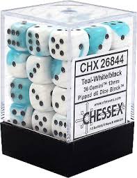 Chessex D6 36 Pack - Teal-White With Black Gemini 12mm Pipped  D6 Dice Block - Comic Warehouse