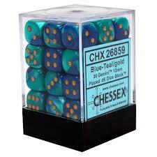 Chessex D6 36 Pack - Blue-Teal With Gold Gemini 12mm Pipped  D6 Dice Block - Comic Warehouse