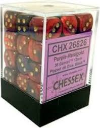 Chessex D6 36 Pack - Purple-Red With Gold Gemini 12mm Pipped  D6 Dice Block - Comic Warehouse