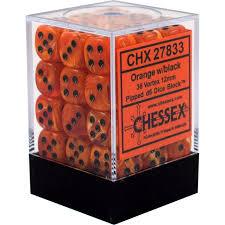 Chessex D6 36 Pack - Orange With Black Vortex 12mm Pipped D6 Dice Block - Comic Warehouse