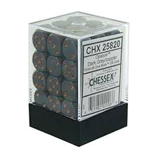 Chessex D6 36 Pack - Dark Grey With Copper Opaque 12mm Pipped  D6 Dice Block - Comic Warehouse