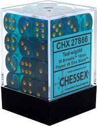 Chessex D6 36 Pack - Teal With Gold Borealis 12mm Pipped D6 Dice Block - Comic Warehouse