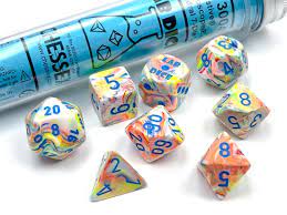 Chessex Lab Dice chx 30047 Festive Kaleidoscope/Blue Polyhedral 7-die set - The Comic Warehouse