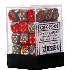 Chessex D6 36 Pack - Orange-Steel With Gold Gemini 12mm Pipped  D6 Dice Block - Comic Warehouse