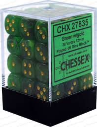 Chessex D6 36 Pack - Green With Gold Vortex 12mm Pipped D6 Dice Block - Comic Warehouse