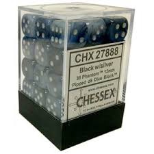 Chessex D6 36 Pack - Black With Silver Phantom 12mm Pipped D6 Dice Block - Comic Warehouse