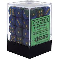 Chessex D6 36 Pack - Blue-Green With Gold Gemini 12mm Pipped  D6 Dice Block - Comic Warehouse