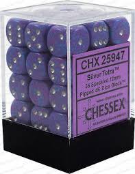 Chessex D6 36 Pack -Silver Tetra Speckled 12mm Pipped  D6 Dice Block - Comic Warehouse