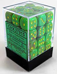 Chessex D6 36 Pack - Slime With Yellow Vortex 12mm Pipped D6 Dice Block - Comic Warehouse