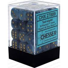 Chessex D6 36 Pack - Teal With Gold Phantom 12mm Pipped D6 Dice Block - Comic Warehouse