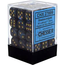 Chessex D6 36 Pack - Shadow With Gold Lustrous 12mm Pipped D6 Dice Block - Comic Warehouse