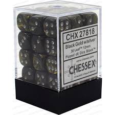 Chessex D6 36 Pack - Black-Gold With Silver Leaf 12mm Pipped  D6 Dice Block - Comic Warehouse