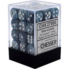 Chessex D6 36 Pack - Slate With White Lustrous 12mm Pipped D6 Dice Block - Comic Warehouse