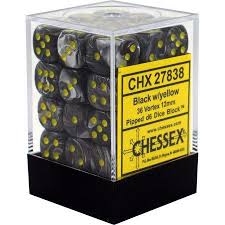 Chessex D6 36 Pack - Black With Yellow Vortex 12mm Pipped D6 Dice Block - Comic Warehouse