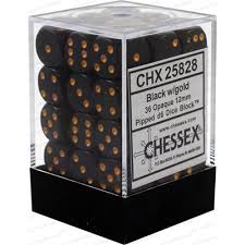 Chessex D6 36 Pack - Black With Gold Opaque 12mm Pipped  D6 Dice Block - Comic Warehouse