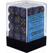 Chessex D6 36 Pack - Royal Blue With Gold Scarab 12mm Pipped  D6 Dice Block - Comic Warehouse