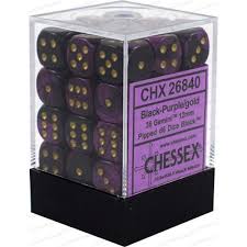 Chessex D6 36 Pack - Black-Purple With Gold Gemini 12mm Pipped  D6 Dice Block - Comic Warehouse