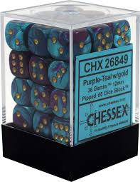 Chessex D6 36 Pack - Purple-Teal With Gold Gemini 12mm Pipped  D6 Dice Block - Comic Warehouse