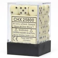 Chessex D6 36 Pack - Ivory With Black Opaque 12mm Pipped  D6 Dice Block - Comic Warehoues