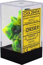 Chessex Polyhedral 7-Die Set - Gemini - Green-Yellow With Silver - Comic Warehouse