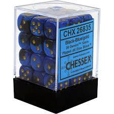 Chessex D6 36 Pack - Black-Blue With Gold Gemini 12mm Pipped  D6 Dice Block - Comic Warehouse