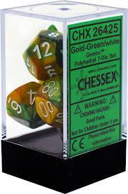 Chessex Polyhedral 7-Die Set - Gemini - Gold-Green With White - Comic Warehouse