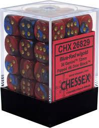 Chessex D6 36 Pack - Blue-Red With Gold Gemini 12mm Pipped  D6 Dice Block - Comic Warehouse