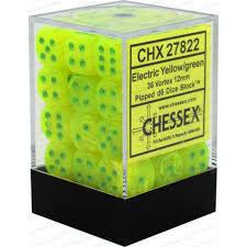 Chessex D6 36 Pack - Electric Yellow With Green Vortex 12mm Pipped  D6 Dice Block - Comic Warehouse