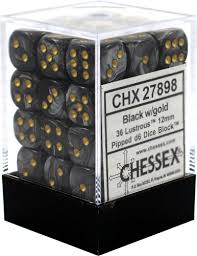 Chessex D6 36 Pack - Black With Gold Lustrous 12mm Pipped D6 Dice Block