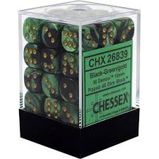 Chessex D6 36 Pack - Black-Green With Gold Gemini 12mm Pipped  D6 Dice Block - Comic Warehouse