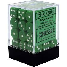 Chessex D6 36 Pack - Green With White Opaque 12mm Pipped  D6 Dice Block - Comic Warehouse